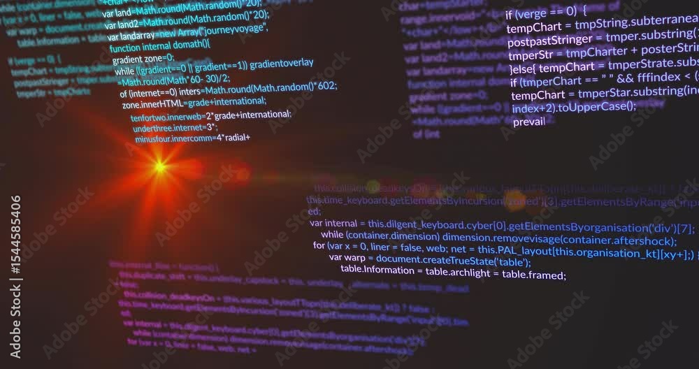 Poster opening code snippets and scrolling text framing pulsing orange-red flare visualizing digital data