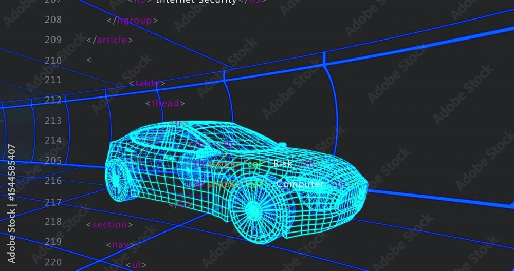 Poster at start blue 3d wireframe car rotating in grid tunnel as code tags updating showing cybersecurity