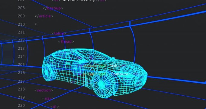 At start blue 3D wireframe car rotating in grid tunnel as code tags updating showing cybersecurity