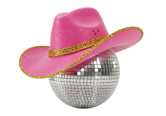 Isolated Disco Ball with Pink Cowboy Hat, Party