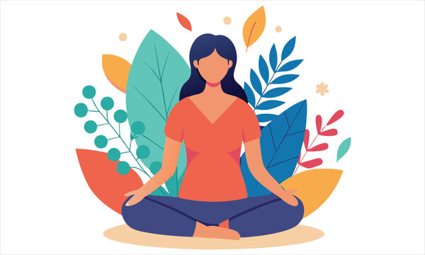 Woman meditating in lotus position surrounded by colorful leaves
