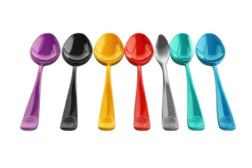 Vibrant collection of colorful spoons a rainbow of culinary delights gleaming utensils that on transparent background