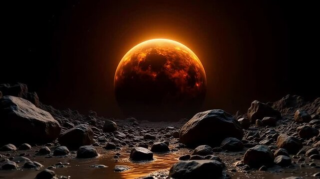 Majestic Orange Planet Rising Over Rocky Terrain A breathtaking space scene featuring a vibrant orange planet and a desolate rocky landscape.