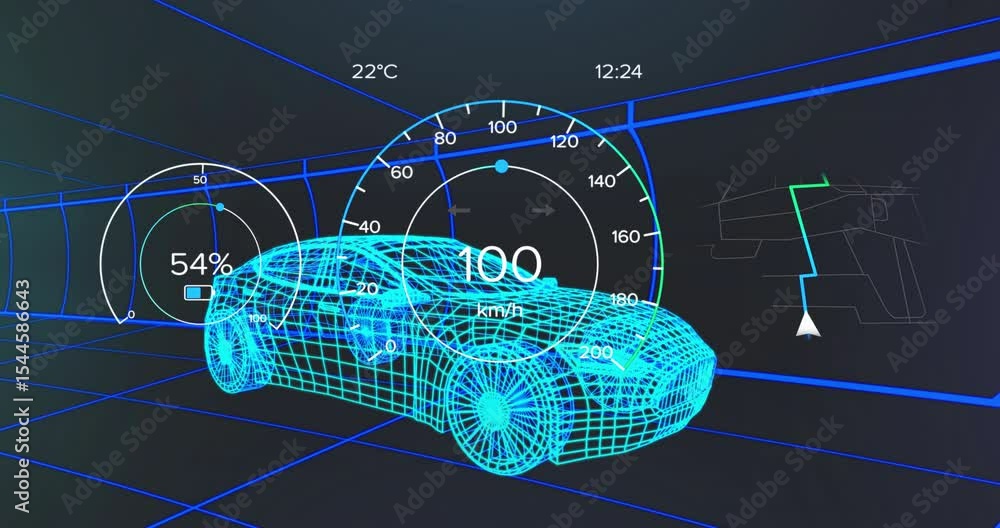 Poster when simulation starts wireframe car accelerating then decelerating showcasing speed gauge