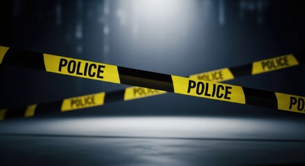Yellow and black police tape crossed, creating a barrier. Crime scene investigation concept for law enforcement visuals.