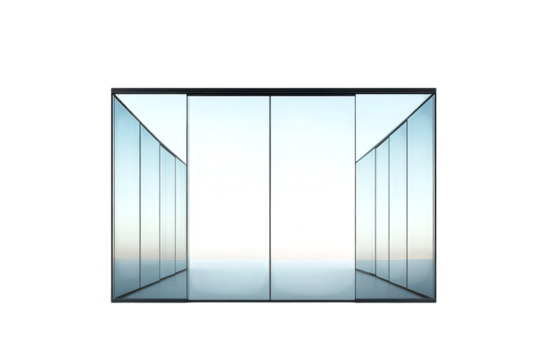 Stepping into a portal of endless possibilities with mirrored glass walls reflecting sky and on transparent background