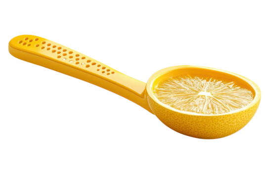 Squeezing the day A juicy halved lemon cradled in a vibrant yellow hand juicer poised to zest on transparent background