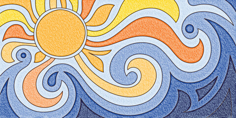Abstract stylization of sea and sun, vector drawing, cartoon illustration