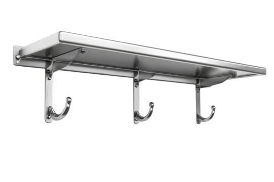 Sleek metallic shelf and coat rack providing stylish space saving storage ideal for entryways on transparent background