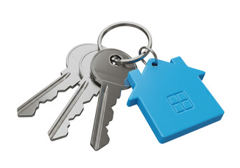 Isolated Silver Keys with Blue House Keychain