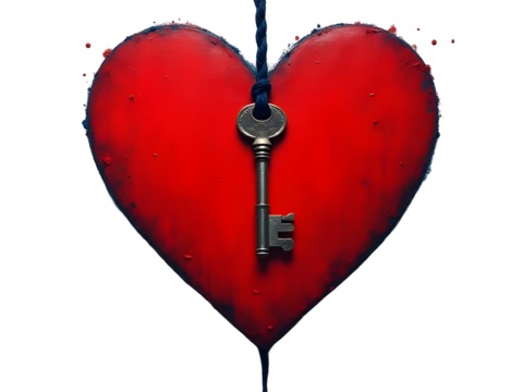 Red Heart Shaped Object with Antique Key and Dark Blue String Isolated on a Transparent Background
