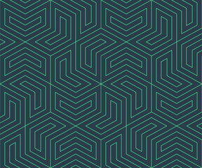 Vibrant seamless pattern with turquoise mint lines forming chevron shapes over dark background. Abstract vector texture with subtle tech aesthetic. Great for elegant, futuristic endless backdrops