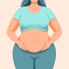 Fat woman lovingly holding her belly, obesity unhealthy