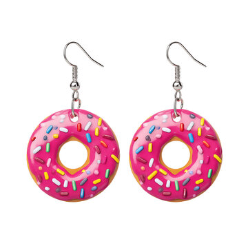 Pink donut-shaped dangle earrings with multicolor sprinkles