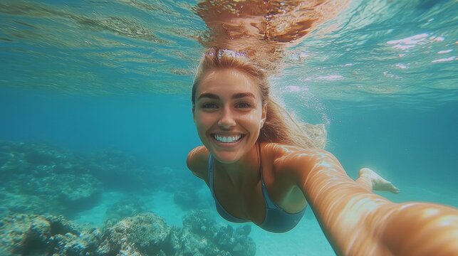 A vibrant and joyful underwater selfie perfectly capturing the essence of fun and freedom while swimming