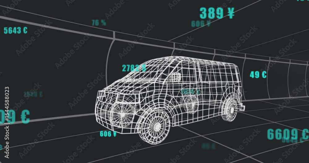 Poster teal numeric overlays appearing wireframe van cycling currency values in grid tunnel showing shifts
