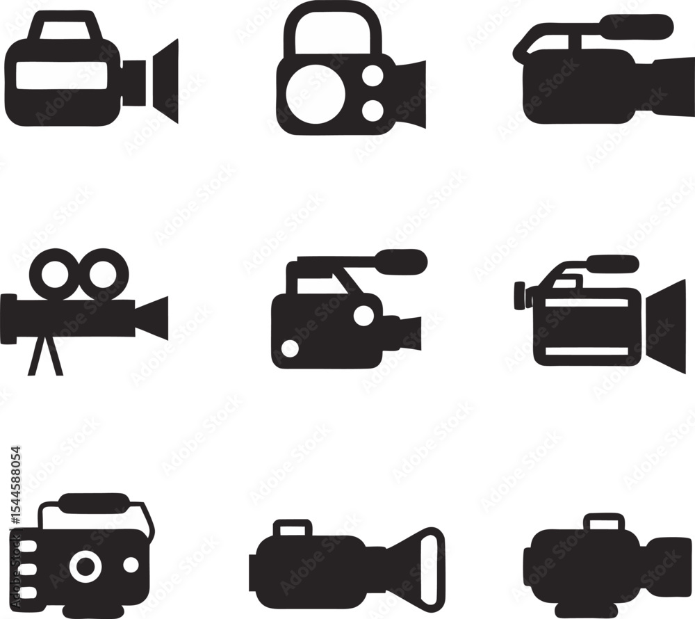 Poster collection of vector icons representing various video cameras for multimedia and filmmaking projects