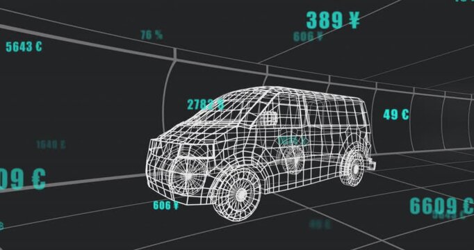 Teal numeric overlays appearing wireframe van cycling currency values in grid tunnel showing shifts