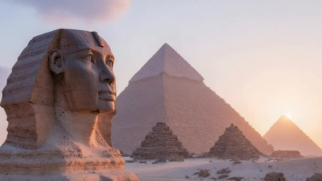 mysterious ancient egyptian sphinx and pyramids at sunset historical landmark landscape, famous Wonder of the World, Giza, Egypt