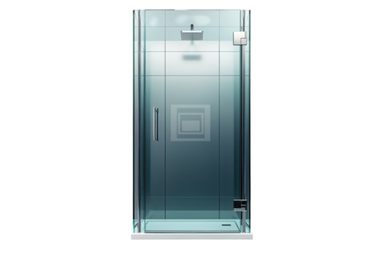 Luxurious modern glass shower enclosure promising a spa like retreat with etched square on transparent background