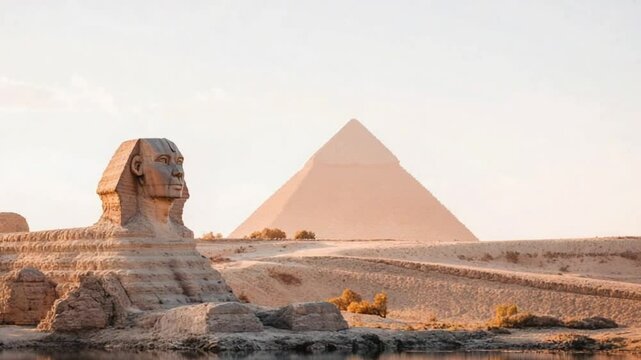 mysterious ancient egyptian sphinx and pyramids at sunset historical landmark landscape, famous Wonder of the World, Giza, Egypt