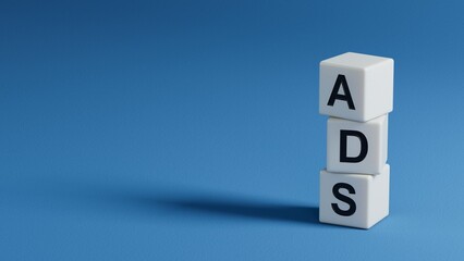 wooden elements with a word ADS, with space to copy the text.close up of wooden elements,Business Concept.3D rendering on blue background.