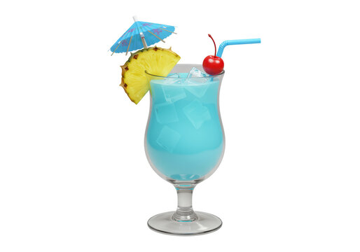 Isolated Tropical Blue Cocktail with Pineapple and Cherry Garnish