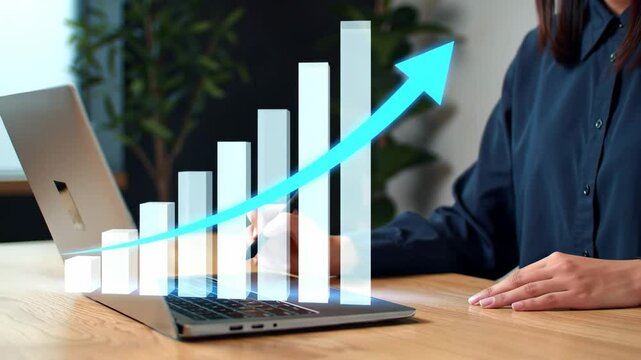 Business professional tracing upward growth on digital bar chart with stylus, laptop, modern office, dynamic animation