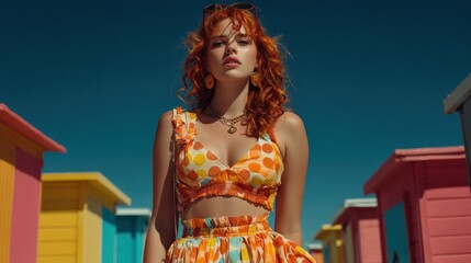 Red Hair Woman in Floral Outfit with Beach Huts and Blue Sky Portrait