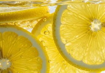 Close up of lemon slices submerged in water with bubbles creating a refreshing and vibrant scene