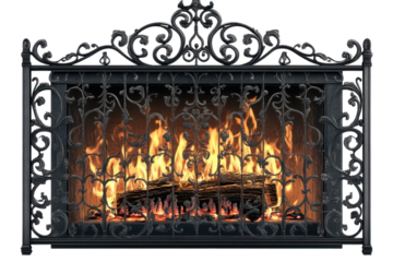 Inviting fireplace scene with dancing flames behind an ornate wrought iron screen creating a on transparent background