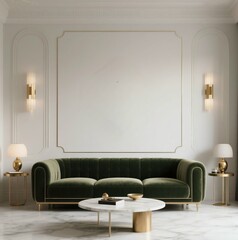 Generative ai image of luxury minimalist Art Deco living room, marble floor, velvet sofa, brass fixtures, geometric wall art, 3D illustration