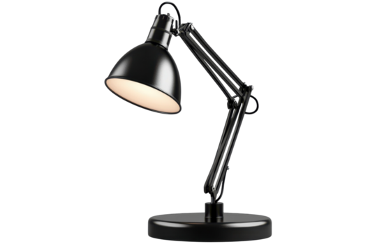 Illuminating the Workspace A sleek black architect lamp casting a warm glow of inspiration on transparent background