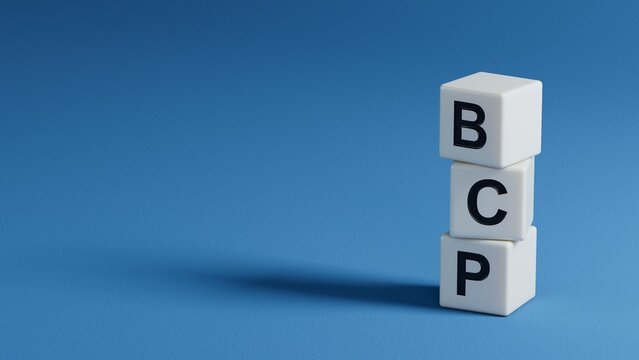 wooden elements with bcp text. Financial, marketing.close up of wooden elements,Business Concept.3D rendering on blue background.