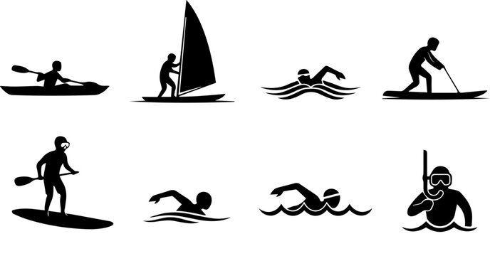flat silhouette illustrations of people doing summer water sports