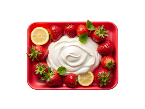 Red Square Dish Strawberry Yogurt Dip Fresh Strawberries Lemon Slices Mint Leaves isolated on a transparent background