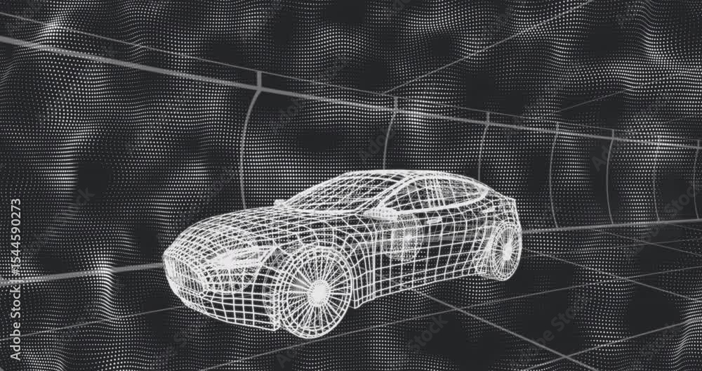 Poster on load, 3d point-cloud grid pulsating around white wireframe coupe, fading into clear tunnel lines