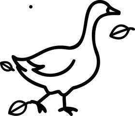 Black Line Drawing Goose Walking with Leaves bird white