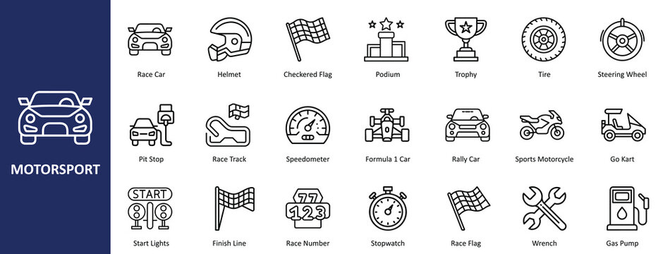 Modern Flat Line Art Motorsport Icons Set - Racing, Automotive, and Speed Symbols for Digital Media, Apps, and Creative Content Graphics ,Motorsport Vector Icons Set, Motorsport Outline Vector Icons - Powered by Adobe