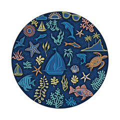 Round element of marine design, sea and summer vacation, drawing isolated on a white background, vector illustration
