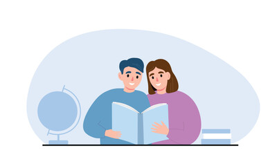 Students are sitting in class, gaining knowledge, reading a book. Vector flat graphics.