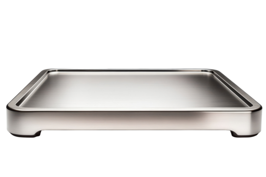 Elegant brushed metal tray a minimalist serving platform for modern entertaining reflecting on transparent background