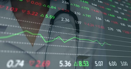 Medical worker responding to rising green arrows, adjusting stethoscope and showing broad smile - Powered by Adobe