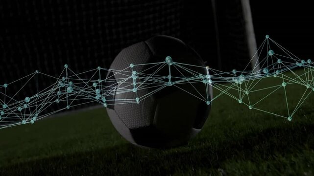 Sports tech overlay pulsing over soccer ball on grass under lights, preceding athlete kicking ball