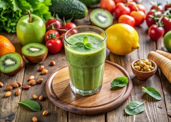 Healthy smoothie on wooden table with ingredients