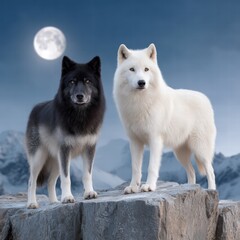 Obraz premium Two majestic wolves, one black and one white, stand powerfully on a high peak under the glow of a full moon in a high-fidelity rende.
