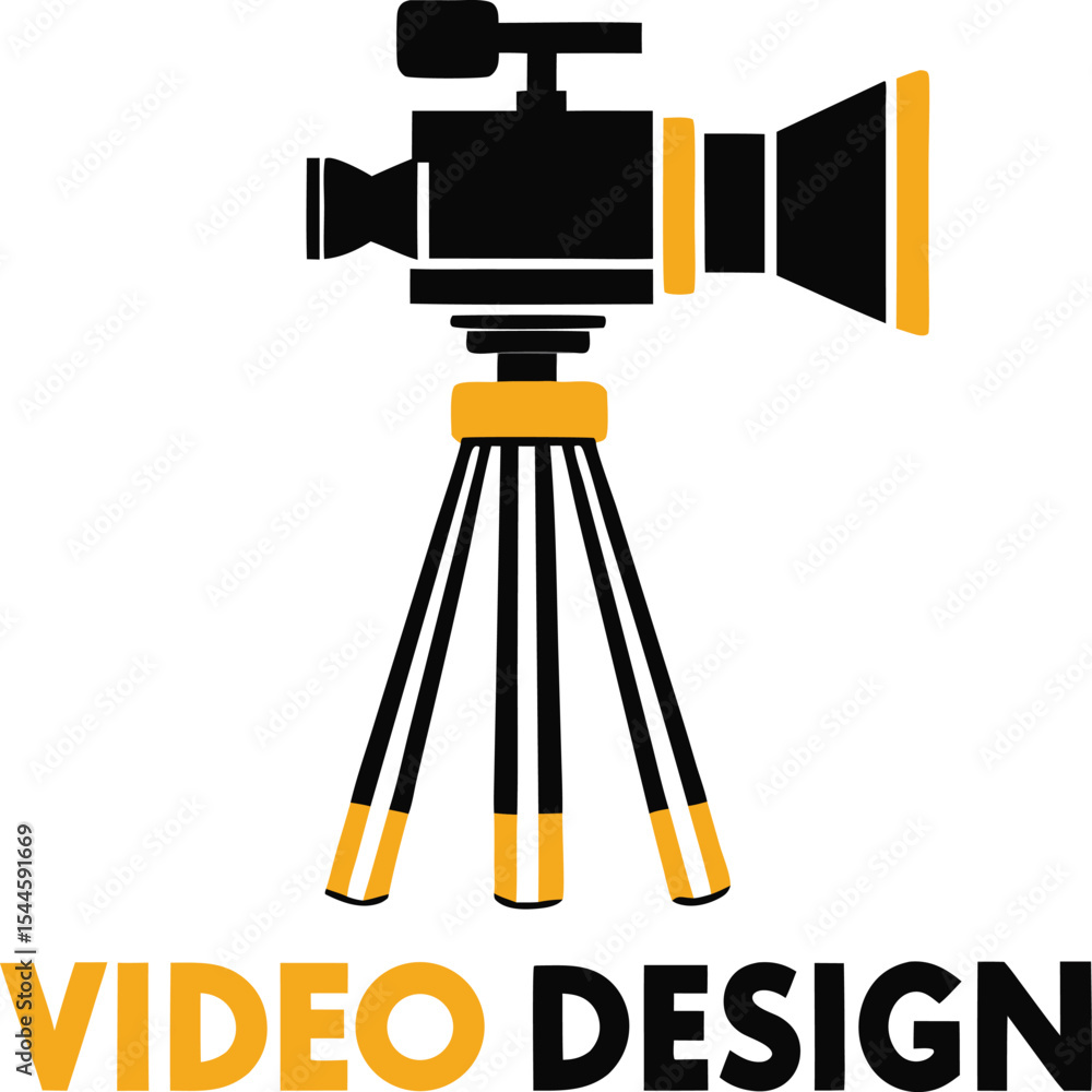 Poster simple vector illustration of a video camera on a tripod with the words video design in the bottom f