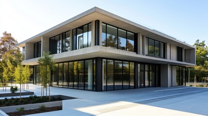 Fototapeta premium Modern three story concrete building with large glass windows and minimalist design in urban setting with copy space