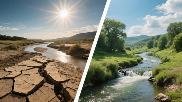 A powerful diptych image: on the left, a dramatic photo of a cracked, dry riverbed under a harsh sun