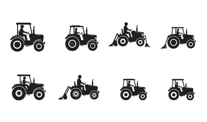 Collection of eight black tractor silhouette illustrations for agriculture and farming concepts